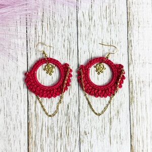 Chic Red Crochet Earrings with Gold Chains
